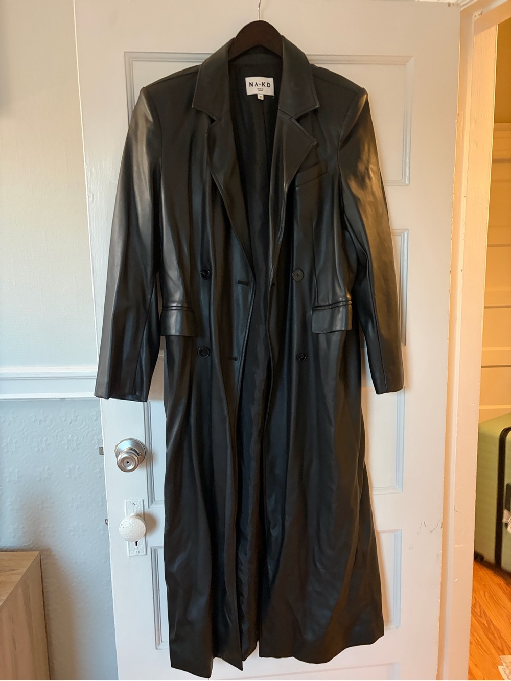 NA-KD Black Faux Leather Double-Breasted Trench Coat